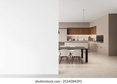 Modern kitchen interior design featuring a dining table and chairs on the right side, with a blank white wall on the left for mockup purposes. 3D Rendering