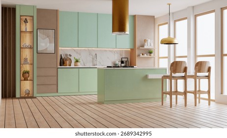 Modern kitchen interior design featuring pastel mint green cabinets, light brown walls, a marble backsplash, and a large central island with wooden bar stools- 3D rendering