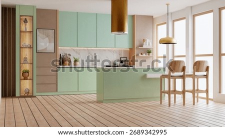 Modern kitchen interior design featuring pastel mint green cabinets, light brown walls, a marble backsplash, and a large central island with wooden bar stools- 3D rendering