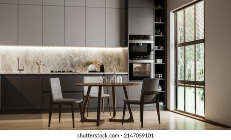 Modern Kitchen Interior With Dinning Area And Window, 3d Rendering