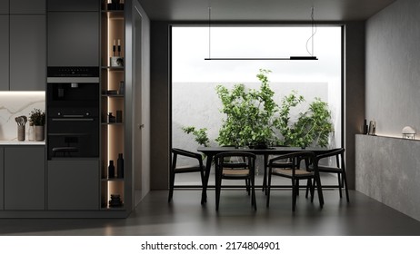 Modern Kitchen Interior With Dinning Area And Window, 3d Rendering