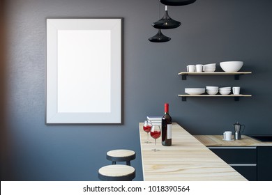 Modern kitchen interior with empty banner on wall. Mock up, 3D Rendernig 