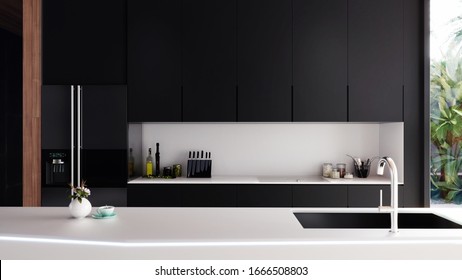 Modern Kitchen Interior Front, 3D Illustration