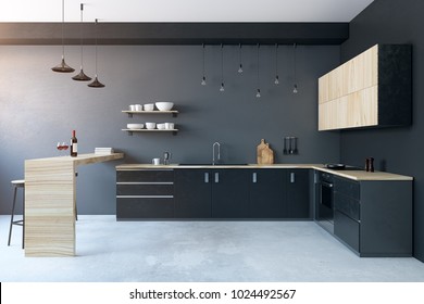 Modern kitchen interior with furniture. Design and lifestyle concept. 3D Rendering 