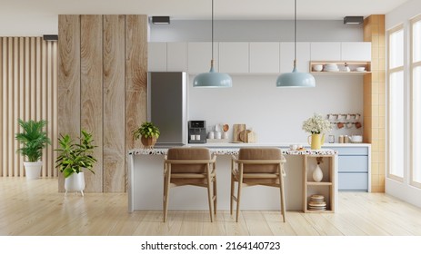 Modern Kitchen Interior With Furniture,kitchen Interior With White Wall.3D Rendering