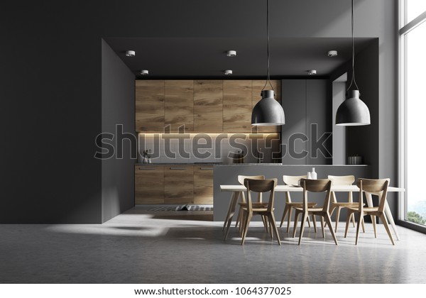 Modern kitchen interior with\
gray and white brick walls, a concrete floor and gray and wooden\
countertops. A long table with chairs near it. A mock up wall. 3d\
rendering
