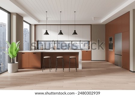 Modern kitchen interior with large windows showing a cityscape, minimalistic design with black pendant lights, on a well-lit background. Concept of contemporary living. 3D Rendering
