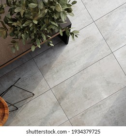 Modern Kitchen Interior In Loft Style. Gray Ceramic Tiles On The Floor. 3d Rendering. Top View. 