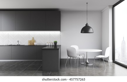 Modern Kitchen Interior In New York Apartment. Big Ceiling Lamp, Round Table, White Chairs. Cutting Boards, Jars And Tap On Counter. Concept Of Home Food Making. 3d Rendering.