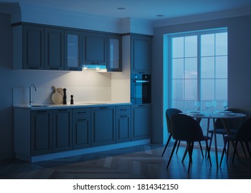 Modern Kitchen Interior. Night. Evening Lighting. 3D Rendering.