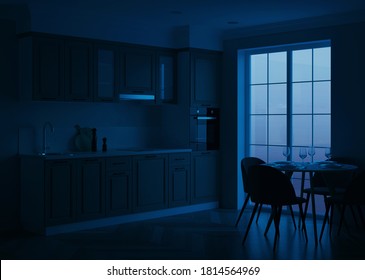 Modern Kitchen Interior. Night. Evening Lighting. 3D Rendering.