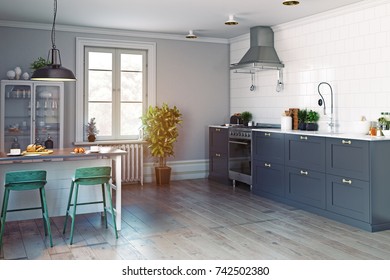 Modern Kitchen Interior. Scandinavian Style Design. 3d Rendering Concept