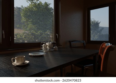 Modern kitchen interior with a set table: a cup of tea and morning light. Warm and cozy atmosphere.