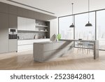 Modern kitchen interior with sleek cabinets, island, and bar stools, featuring a cityscape view from large windows. Bright, contemporary design. 3D Rendering.