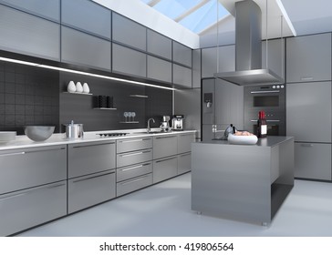 Modern Kitchen Interior With Smart Appliances In Silver Color Coordination. 3D Rendering Image.