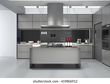 Modern Kitchen Interior With Smart Appliances In Silver Color Coordination. 3D Rendering Image.