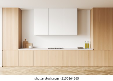 Modern Kitchen Interior With Stove And Shelf. Cupboard With Kitchenware, Front View. Light Wooden Cabinet, Hardwood Floor. 3D Rendering