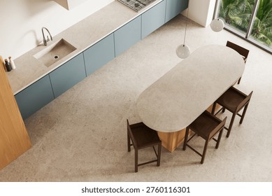 Modern kitchen interior top view showing sleek countertops and island in realistic style on neutral background, concept of design, 3D Rendering