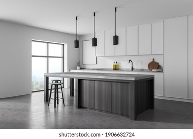 Modern Kitchen Interior With White Gray Walls, A Concrete Floor And Gray Countertops. Mock Up Poster On Wall. 3d Rendering