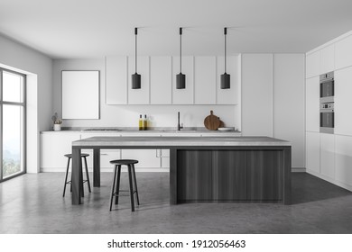 Modern Kitchen Interior With White Gray Walls, A Concrete Floor And Gray Countertops. Mock Up Poster On Wall. 3d Rendering