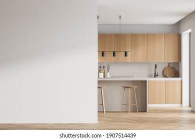 Modern kitchen interior with white wall, wooden countertops with a built in sink and a cooker. 3d rendering mock up copy space.