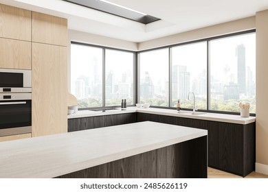 A modern kitchen interior with wooden and dark cabinets, city view from large windows in the background. Bright and contemporary kitchen design.  3D Rendering