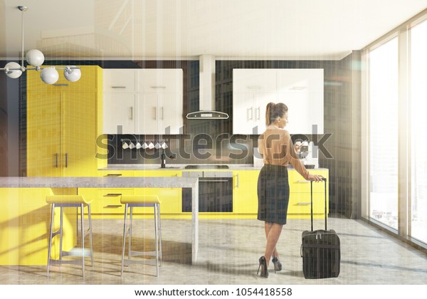 Modern Kitchen Interior Yellow White Counters Stock Illustration