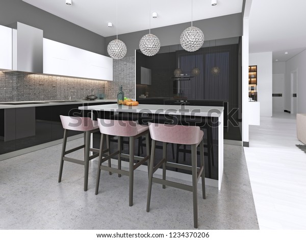Modern Kitchen Island Bar Stools Builtin Stock Illustration 1234370206