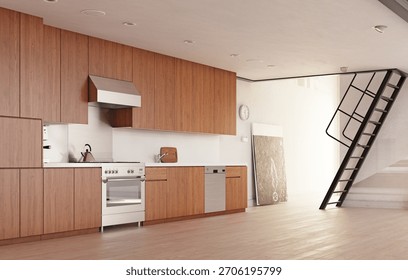 Modern kitchen loft interior. 3d rendering concept.