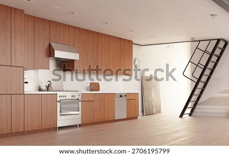 Modern kitchen loft interior. 3d rendering concept.