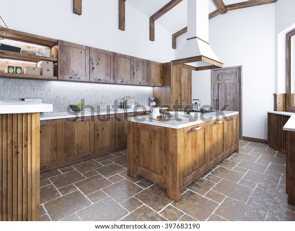 Modern Kitchen Loft Style Kitchenisland Hood Stock Illustration