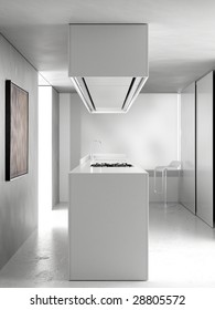 Modern Kitchen With Marble Worktop And Resin Floor (3D Render)