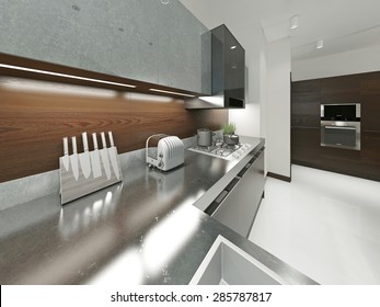 Modern Kitchen With Metal Worktop. Furniture Made Of Wood And Metal Elements. Brown And Gray. 3d Render.