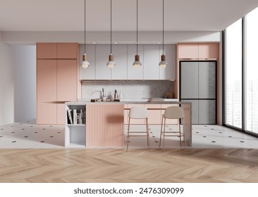 Modern kitchen with pink and white cabinets, minimalist design, wooden floor. Concept of interior design. 3D Rendering - Powered by Shutterstock