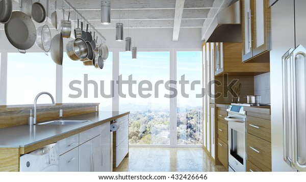 Modern Kitchen Pots Pans Hanging Ceiling Stock Illustration 432426646