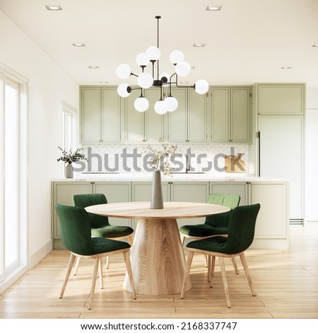 Pastel green kitchen cabinets in minimalist interior