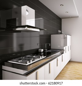 Modern Kitchen With Sink, Gas Cooktop And Hood Interior 3d