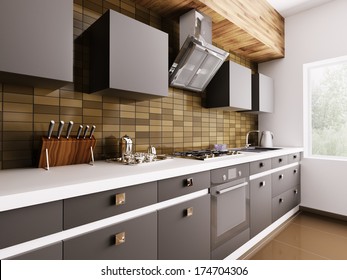 Modern Kitchen With Sink,gas Cooktop And Hood Interior 3d