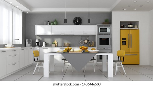 Modern Kitchen With Table Set And Built-in Yellow Fridge - 3d Rendering