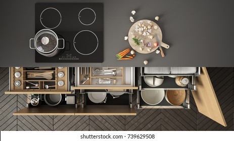Modern kitchen top view, opened drawers and stove with cooking pan, minimalist interior design, 3d illustration