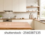 Modern Kitchen with Warm Wood and Neutral Tones. Wood top with blurred kitchen background. 3d render.