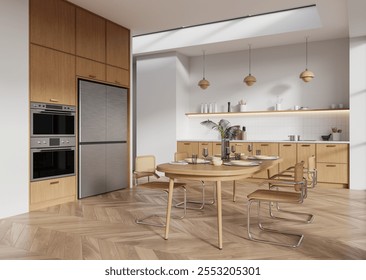 A modern kitchen with wooden cabinetry, a round dining table, and sleek chairs. The background features white walls and floating shelves. 3D Rendering - Powered by Shutterstock