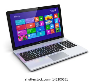 Modern laptop, notebook or computer PC with touchscreen interface with color icons isolated on white background
