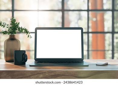 Modern laptop on wooden desk against large window, natural light. Productive home office concept. 3D Rendering - Powered by Shutterstock