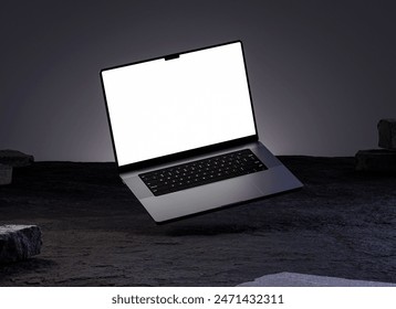 Modern laptop screen mockup floating on a dark scene in realistic 3D rendering. Notebook display template for UI UX, webs and branding design presentation