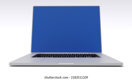 A Modern Laptop In A Silver Case On A White Background With A Blue Screen. Mockup For Design. 3d Render