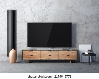 Modern Large Smart Tv Mockup On Wooden Commode, Living Room With Gray Wall And Black Radiator Battery. 3d Rendering