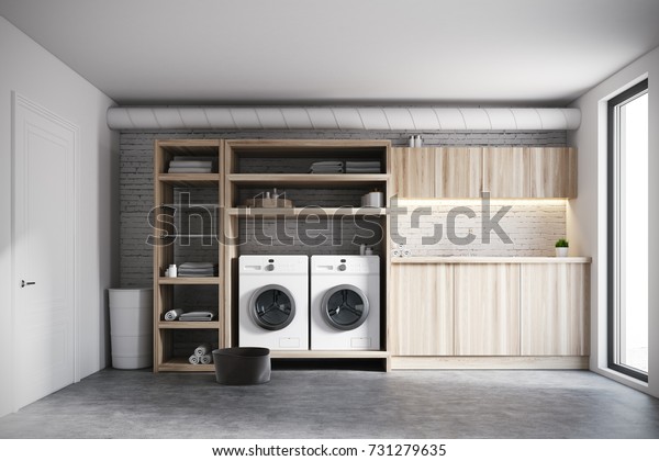 レンガの壁が白い現代風の洗濯室内 木製のコンソール 白い洗濯機が2台付いた棚 3dレンダリング のイラスト素材