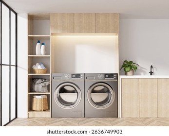Modern laundry room setup featuring efficient appliances and organized space. 3D render illustration. 3D Illustration