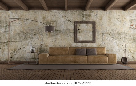 Modern leather sofa in room with old wall,hardwood floor and wooden ceiling - 3d rendering